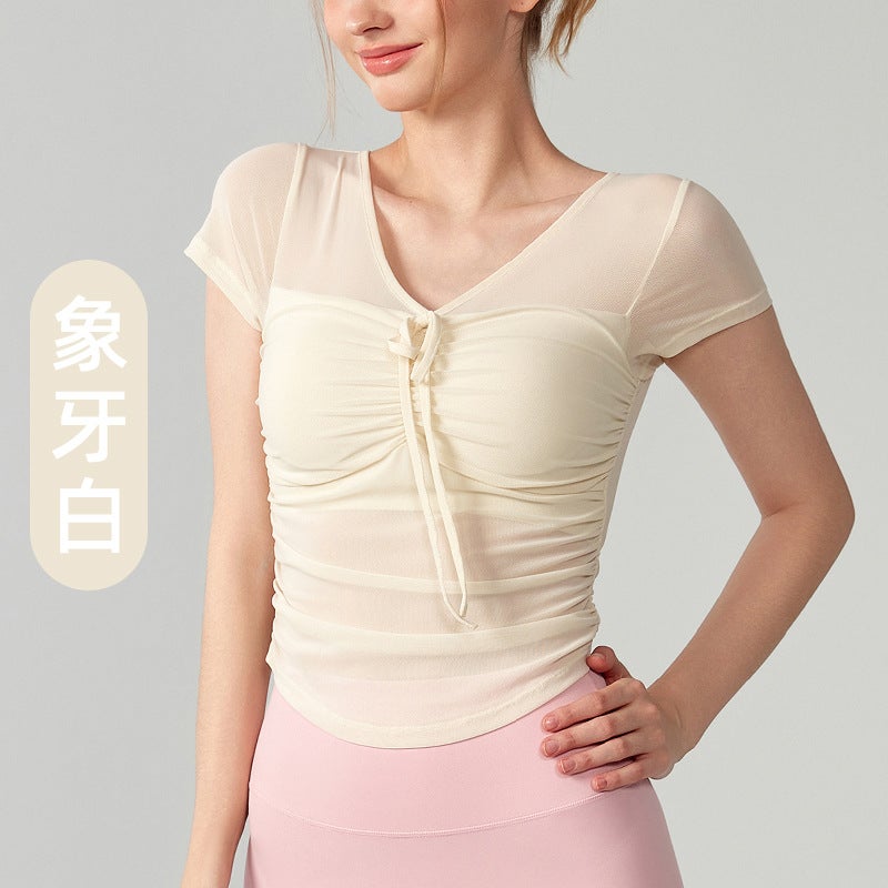 Pure Desire Style Yoga Suit Short-Sleeved Women'S Gauze Slim-Fit Slimming Fixed Cup Spice Girls Outer Wear Sports Fitness Top Women - Image 1